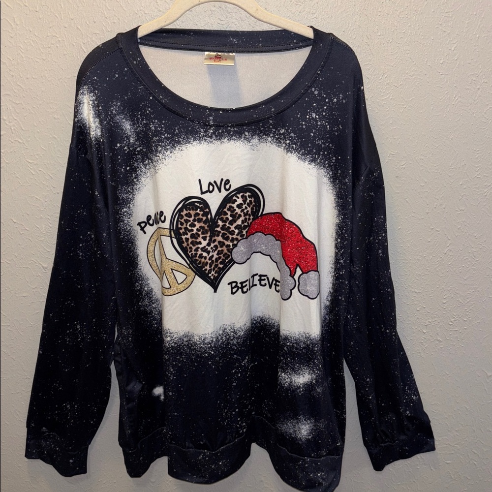 Ruffle Girl Christmas Black Tee Shirt Top Santa Peace Love Women’s Plus 3X New